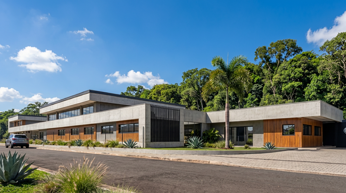 Fachada e acesso principal do complexo industrial e logístico Migre Log